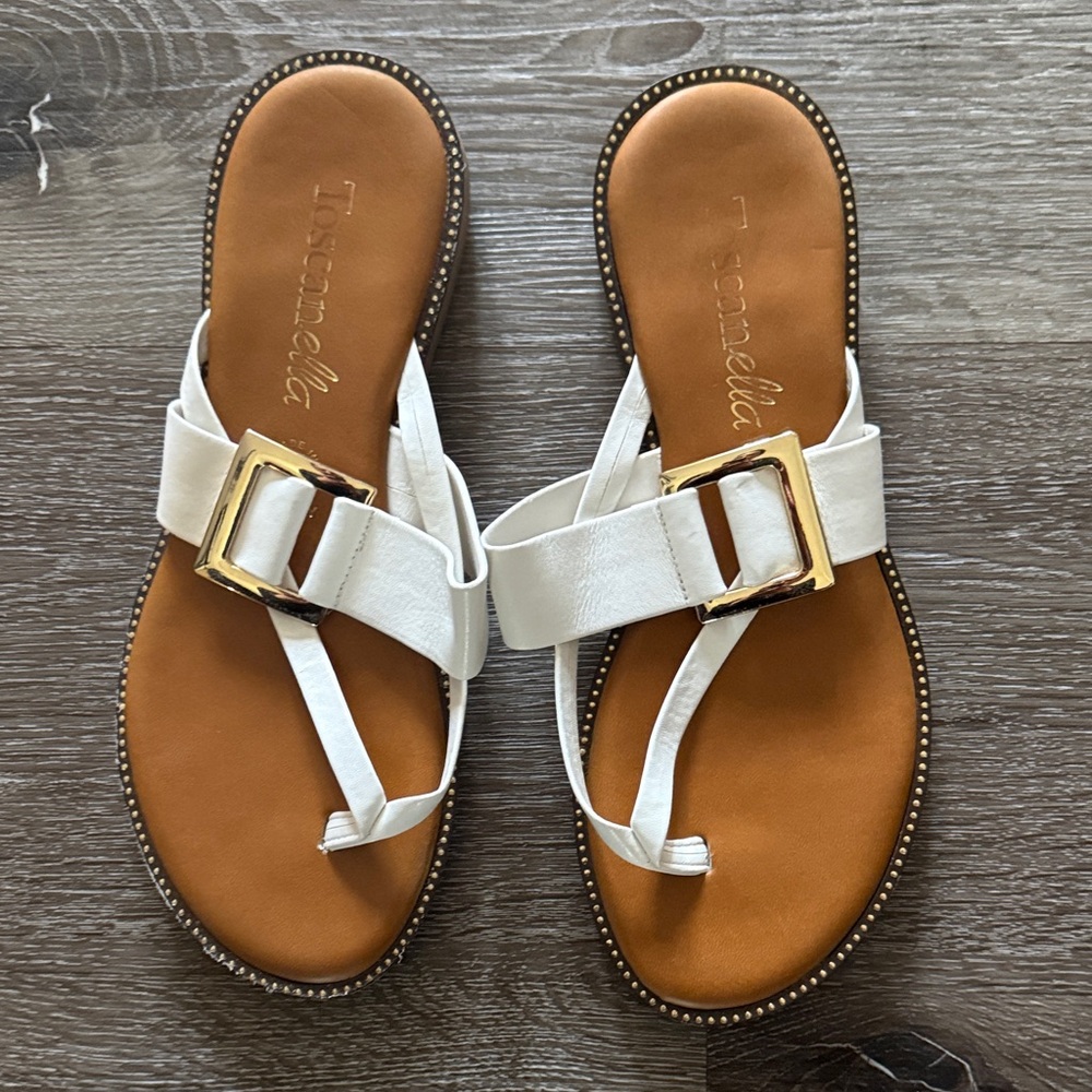 Toscanella White Leather Sandals with Gold Buckle